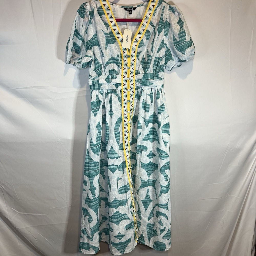 ADOR Size M NWT White Teal Blue Yellow Maxi‎ Dress with Sleeves Pockets Medium